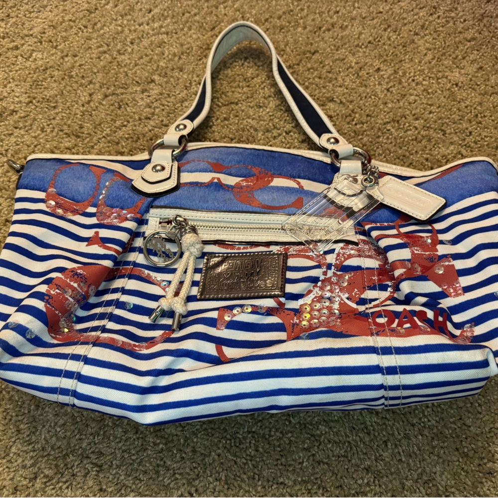 Authentic COACH HANDBAG. Blue and White Striped Tote with Red Interior